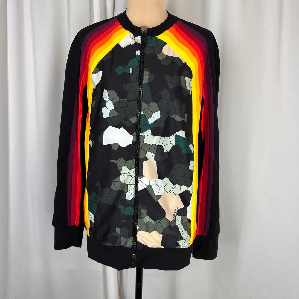 NO KA'OI Yoga & Life Geometric Mosaic Rainbow Stripe Track Jacket Size 3 READ